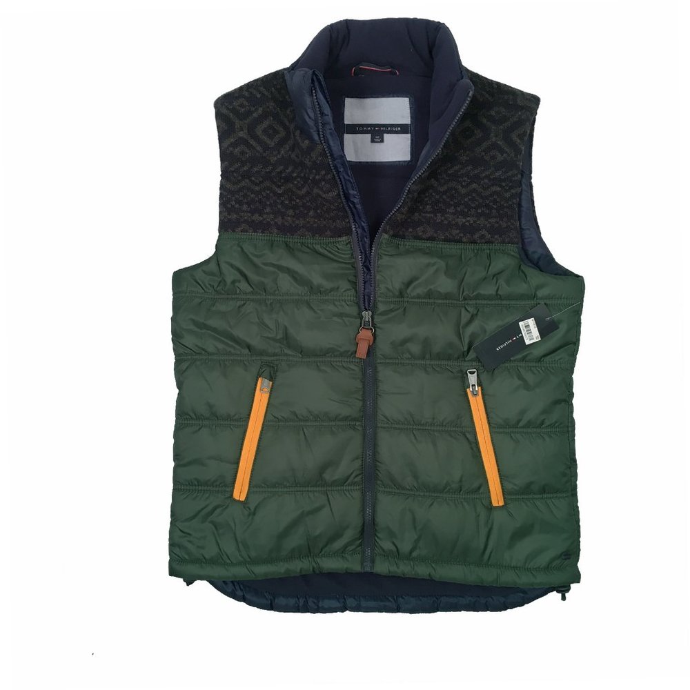 NEW $189 Tommy Hilfiger Down Puffer Vest! Green With Navy Details Fleece Lining
